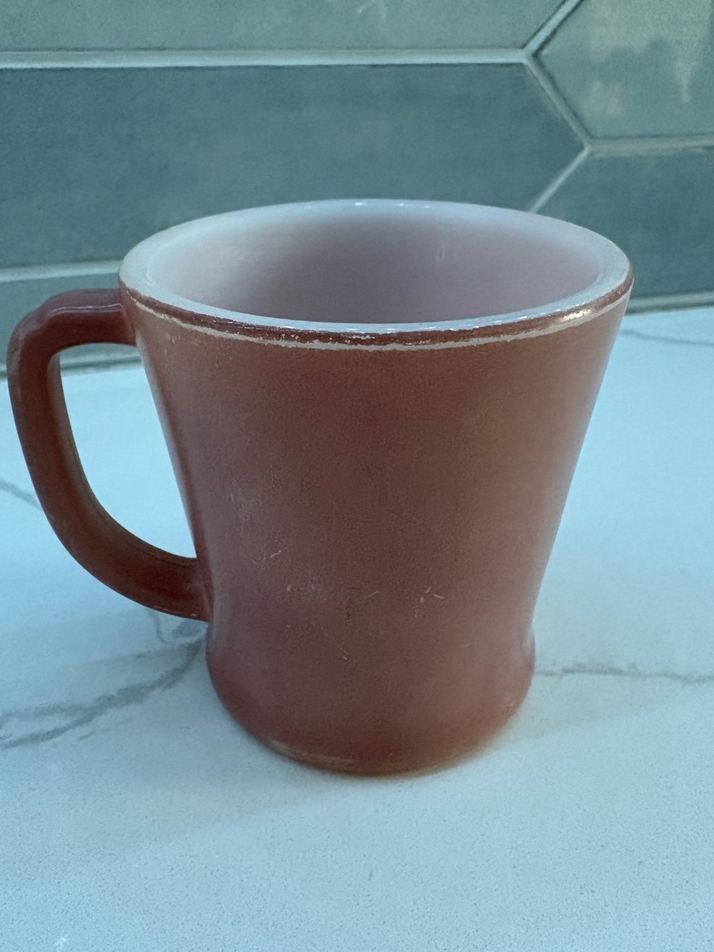 VINTAGE -1950's- FIRE KING- FLARED BOTTOM- ROSE PINK- MILK GLASS- MUG- D HANDLE